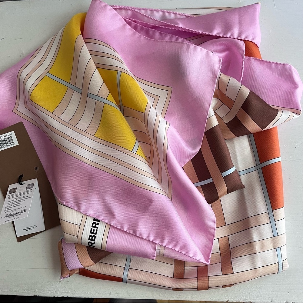 BURBERRY- Abstract Check Print Silk Scarf - Picture 8 of 9